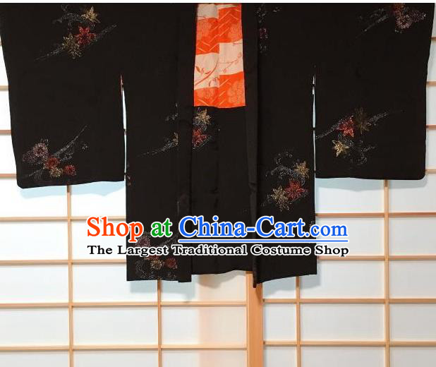 Japanese Traditional Embroidered Maple Leaf Pattern Black Haori Jacket Japan Kimono Overwear Costume for Men