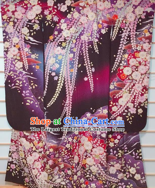 Japanese Traditional Printing Sakura Purple Furisode Kimono Japan Iromuji Yukata Dress Costume for Women