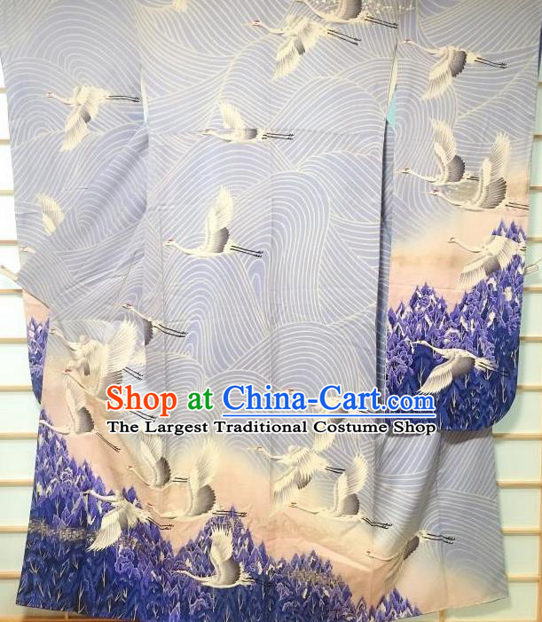 Japanese Traditional Embroidered Crane Blue Furisode Kimono Japan Yukata Dress Costume for Women