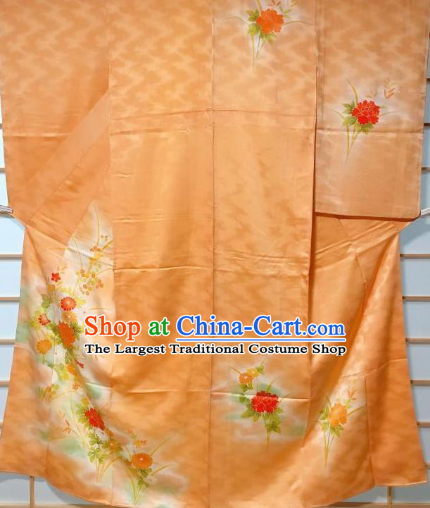 Traditional Japanese Printing Chrysanthemum Peony Orange Furisode Kimono Japan Yukata Dress Costume for Women