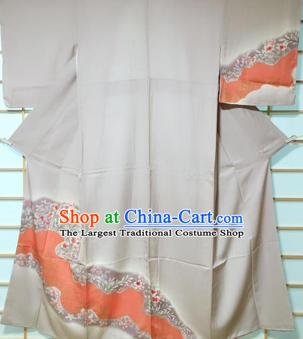 Traditional Japanese Printing Flowers Grey Furisode Kimono Japan Yukata Dress Costume for Women