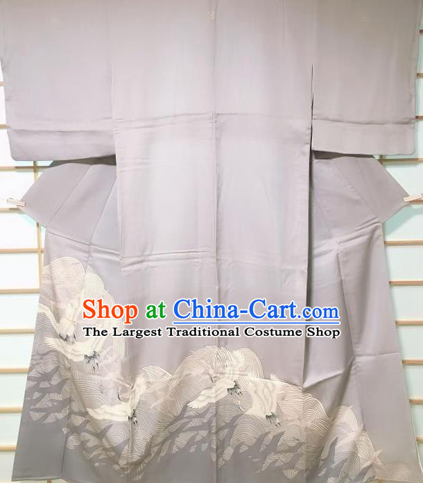 Traditional Japanese Classical Cranes Pattern Grey Kimono Japan Yukata Dress Costume for Women