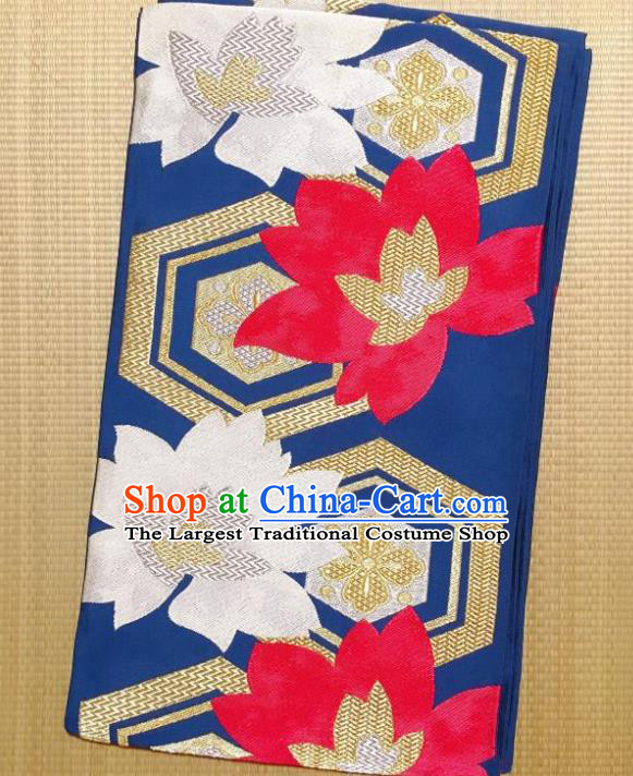 Japanese Traditional Embroidered Flowers Blue Brocade Waistband Japan Kimono Yukata Belt for Women