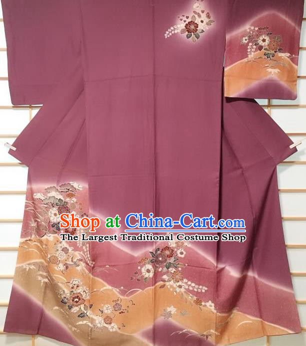 Traditional Japanese Printing Flowers Bird Purple Furisode Kimono Japan Yukata Dress Costume for Women