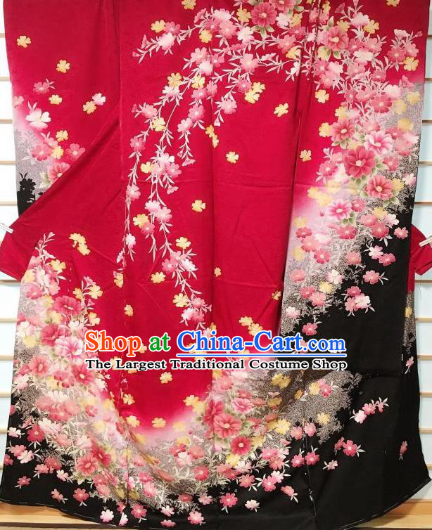 Traditional Japanese Classical Peony Pattern Red Furisode Kimono Japan Yukata Dress Costume for Women