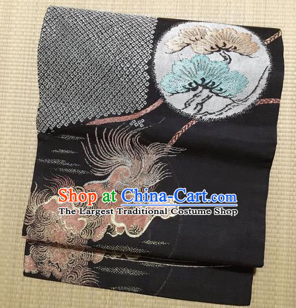 Japanese Traditional Embroidered Lion Black Brocade Waistband Japan Kimono Yukata Belt for Women