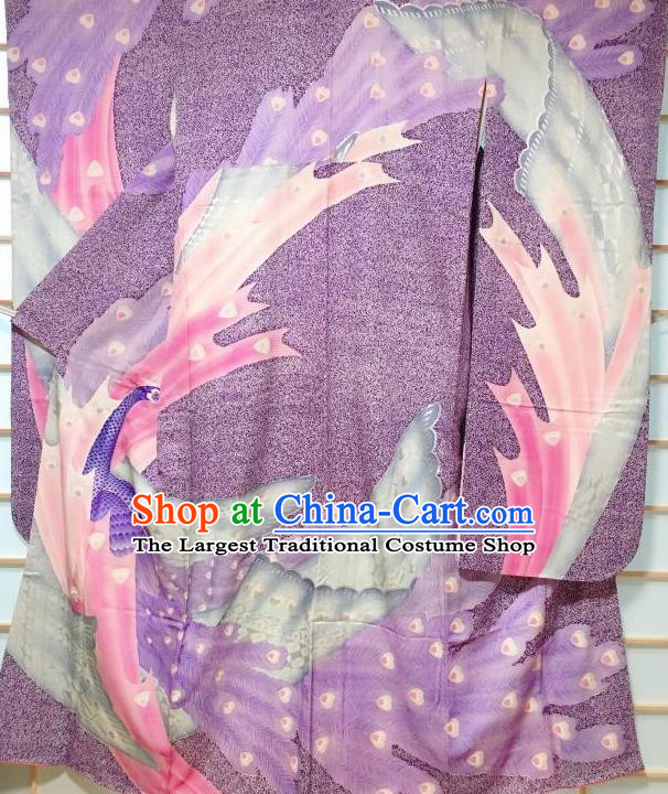 Japanese Traditional Peacock Pattern Purple Silk Furisode Kimono Japan Yukata Dress Costume for Women