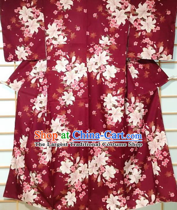 Traditional Japanese Geisha Printing Lily Flowers Amaranth Furisode Kimono Japan Yukata Dress Costume for Women