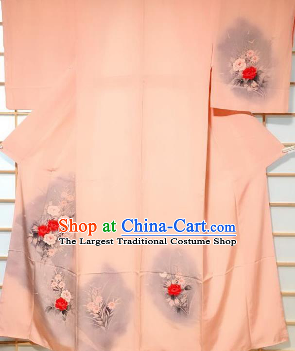 Japanese Classical Printing Peony Pink Tsukesage Kimono Japan Traditional Yukata Dress Costume for Women