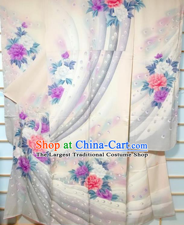 Traditional Japanese Geisha Printing Peony White Silk Furisode Kimono Japan Yukata Dress Costume for Women