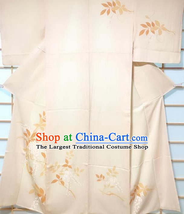 Japanese Classical Fujihana Pattern Beige Tsukesage Kimono Japan Traditional Yukata Dress Costume for Women