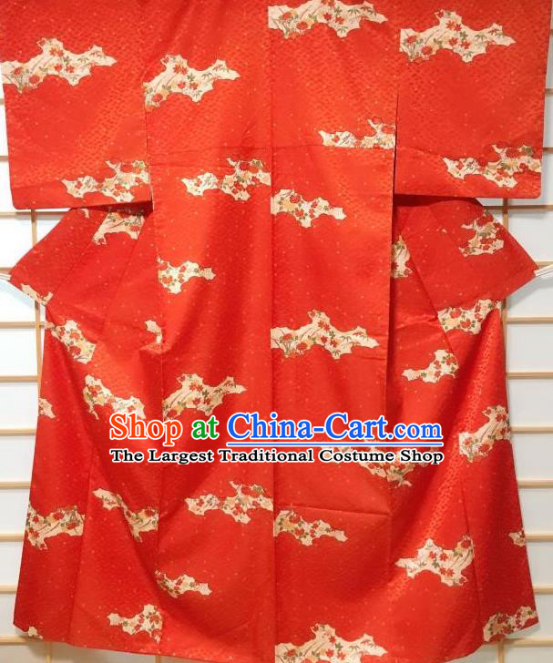 Japanese Traditional Cloud Peony Pattern Orange Edo Komon Kimono Japan Yukata Dress Costume for Women