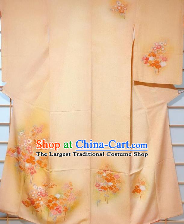 Japanese Classical Printing Daisy Yellow Tsukesage Kimono Japan Traditional Yukata Dress Costume for Women