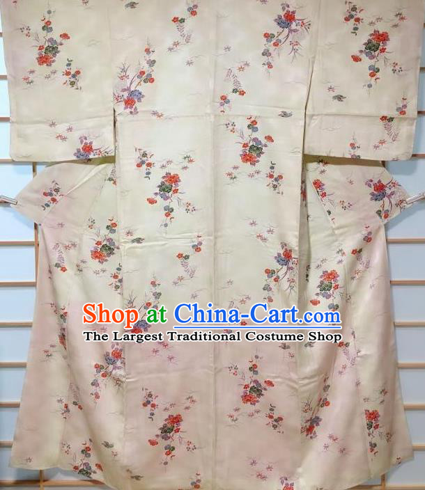 Japanese Classical Printing Peony Beige Tsukesage Kimono Japan Traditional Yukata Dress Costume for Women