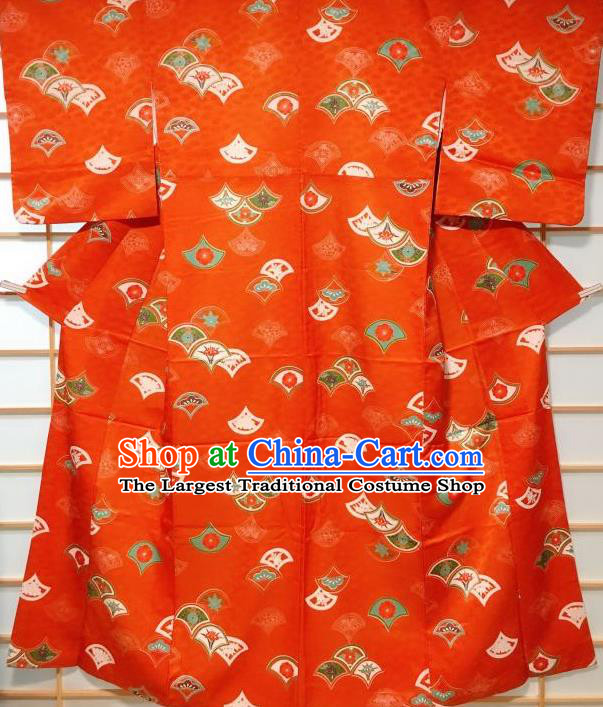 Japanese Classical Printing Chrysanthemum Orange Tsukesage Kimono Japan Traditional Yukata Dress Costume for Women