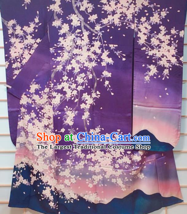 Japanese Classical Sakura Pattern Purple Furisode Kimono Japan Traditional Yukata Dress Costume for Women