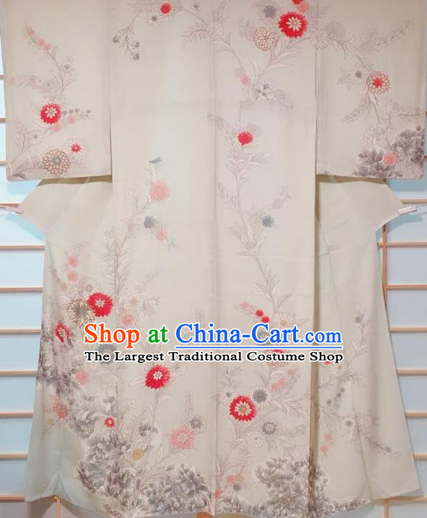 Japanese Classical Chrysanthemum Pattern Beige Tsukesage Kimono Japan Traditional Yukata Dress Costume for Women