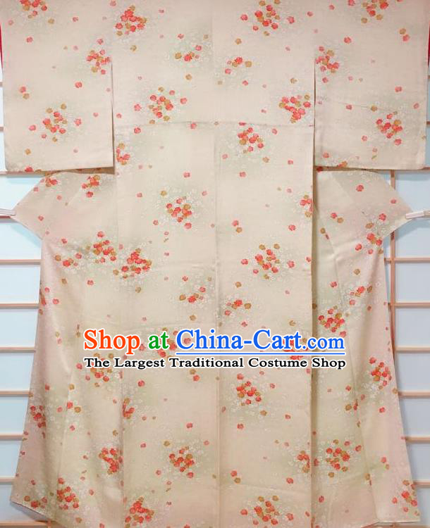 Japanese Classical Sakura Pattern Beige Tsukesage Kimono Japan Traditional Yukata Dress Costume for Women