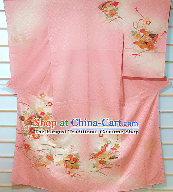 Traditional Japanese Pink Silk Tsukesage Kimono Japan Classical Chrysanthemum Pattern Yukata Dress Costume for Women