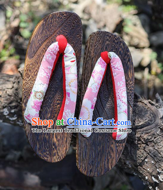 Traditional Japanese Sakura Pattern Pink Geta Slippers Asian Japan Clogs Shoes for Women