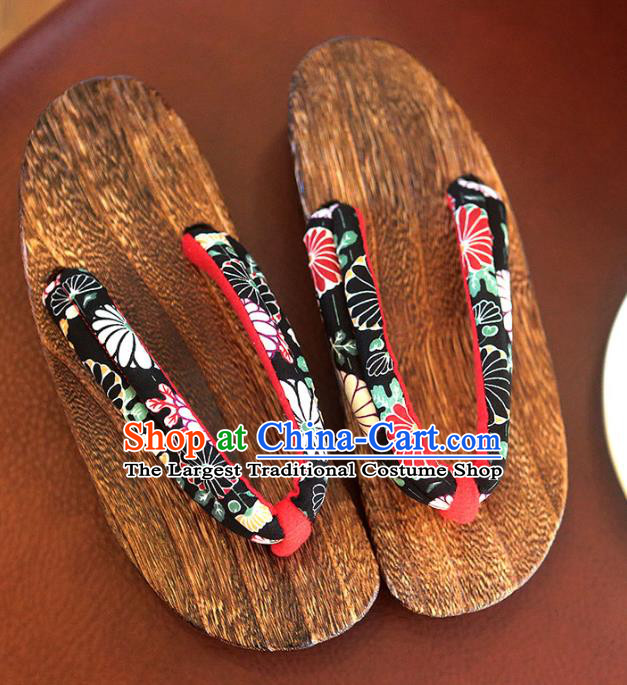 Traditional Japanese Chrysanthemum Pattern Black Geta Slippers Asian Japan Clogs Shoes for Women