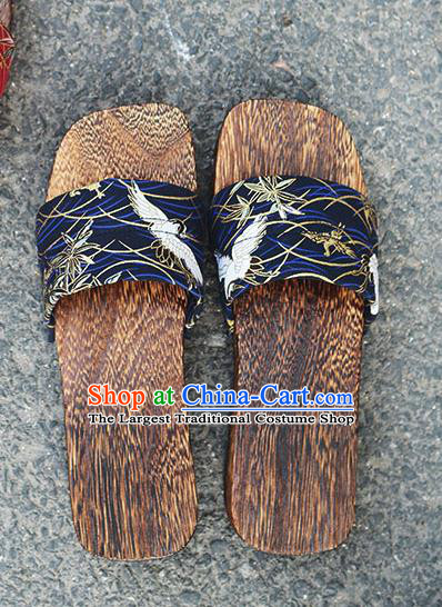 Traditional Japanese Crane Pattern Navy Slippers Geta Asian Japan Clogs Shoes for Women