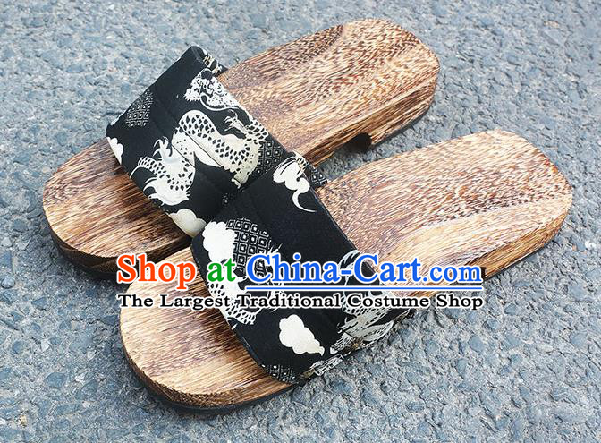 Traditional Japanese Dragon Pattern Black Geta Slippers Asian Japan Clogs Shoes for Men