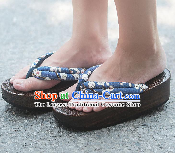 Traditional Japanese Classical Sakura Pattern Blue Slippers Geta Asian Japan Clogs Zori Shoes for Women