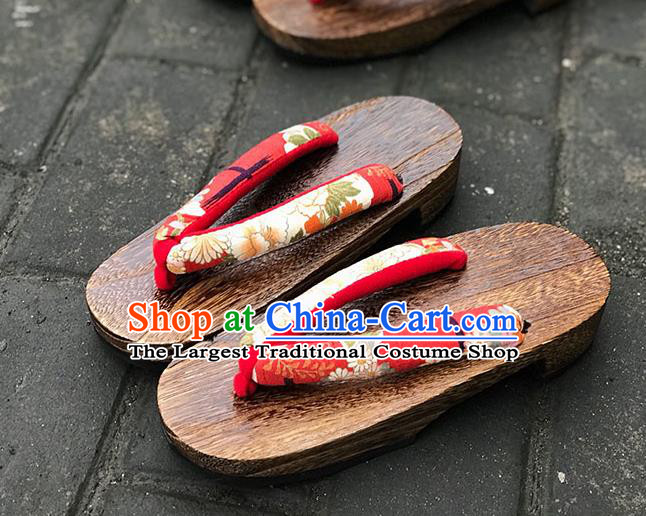 Traditional Japanese Classical Chrysanthemum Pattern Red Flip Flops Slippers Geta Asian Japan Clogs Shoes for Women