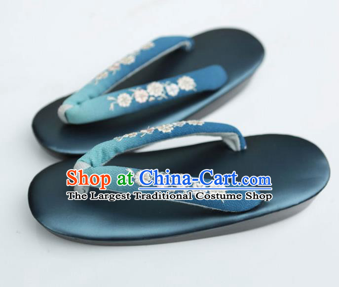 Traditional Japanese Classical Embroidered Blue Flip Flops Slippers Zori Geta Asian Japan Clogs Shoes for Women