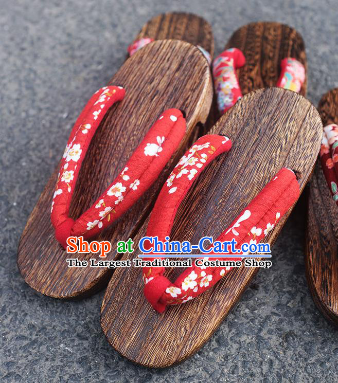 Traditional Japanese Classical Sakura Pattern Red Flip Flops Slippers Geta Asian Japan Clogs Shoes for Women