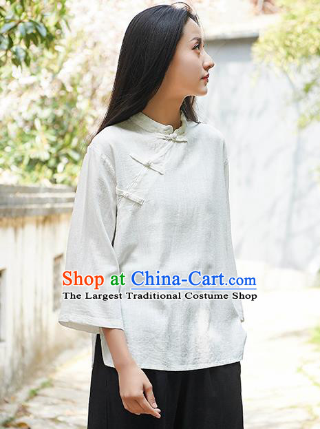 Traditional Chinese Tang Suit White Flax Slant Opening Shirt Li Ziqi Blouse Upper Outer Garment Costume for Women