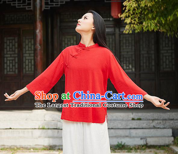 Traditional Chinese Tang Suit Red Flax Slant Opening Shirt Li Ziqi Blouse Upper Outer Garment Costume for Women