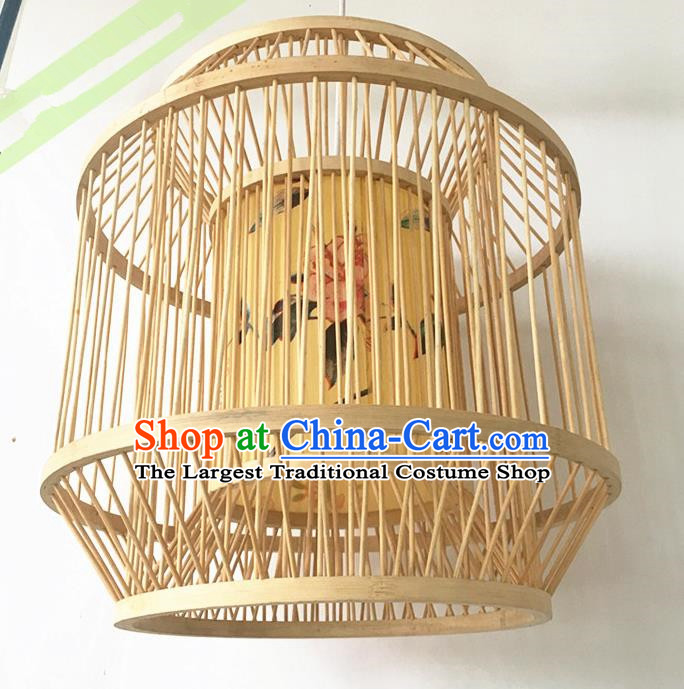 Traditional Chinese Handmade Printing Peony Yellow Hanging Lanterns Palace Lantern Bamboo Art Scaldfish Lamp