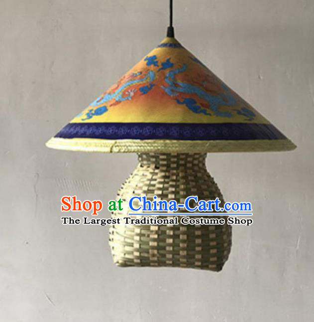 Handmade Chinese Printing Dragon Straw Hat Creel Hanging Lanterns Traditional Bamboo Art Lamp