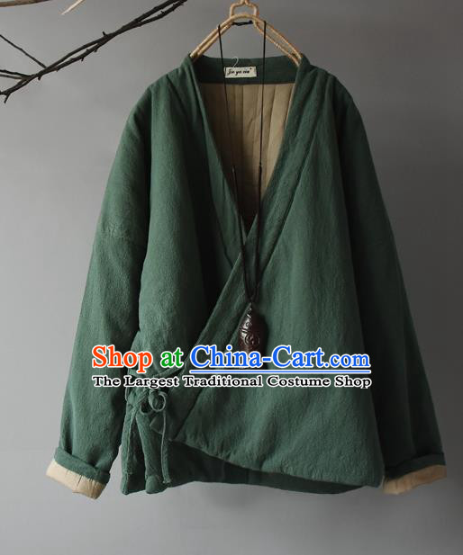 Traditional Chinese Tang Suit Green Cotton Padded Jacket Blogger Li Ziqi Flax Overcoat Costume for Women