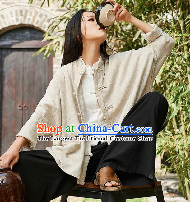 Traditional Chinese Tang Suit Overcoat Li Ziqi Beige Flax Jacket Costume for Women