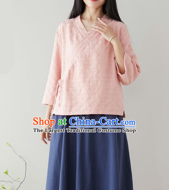 Traditional Chinese Pink Flax Shirt Li Ziqi Tang Suit Blouse Upper Outer Garment Costume for Women