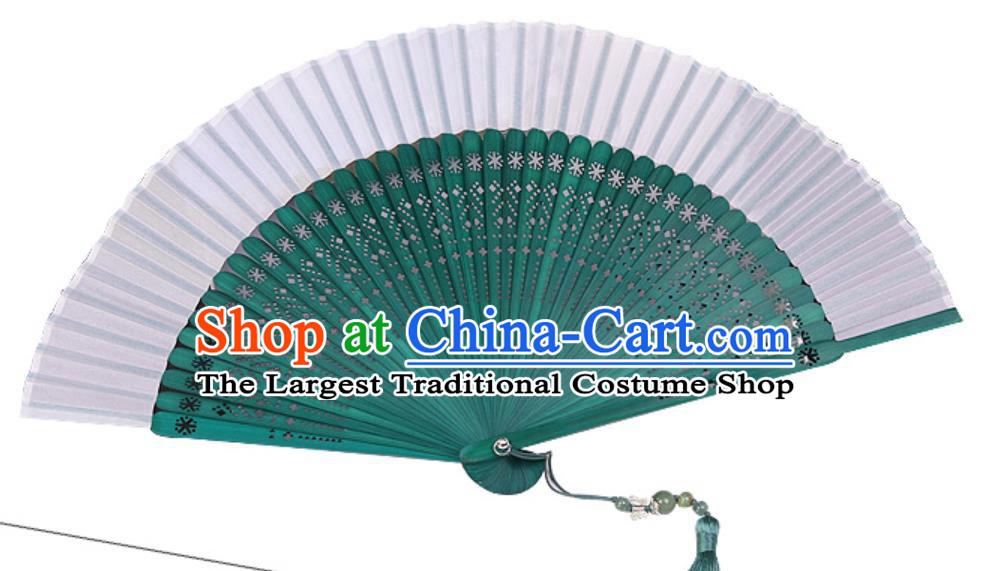 Chinese Traditional Silk Folding Fans Handmade Green Bamboo Accordion Fan