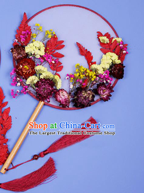 Chinese Traditional Red Flowers Palace Fans Handmade Round Fan for Women