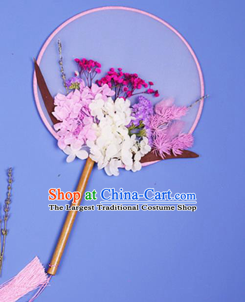 Chinese Traditional Pink Flowers Palace Fans Handmade Round Fan for Women