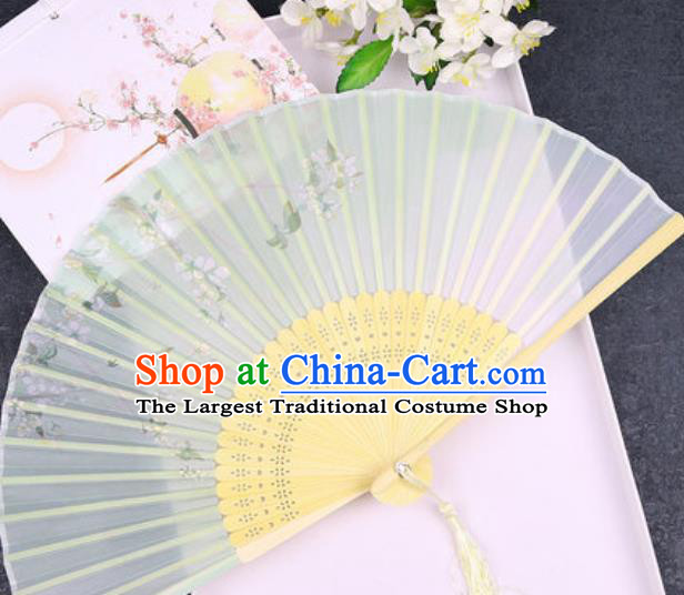 Chinese Traditional Classical Dance Printing Green Silk Folding Fans Handmade Accordion Bamboo Fan