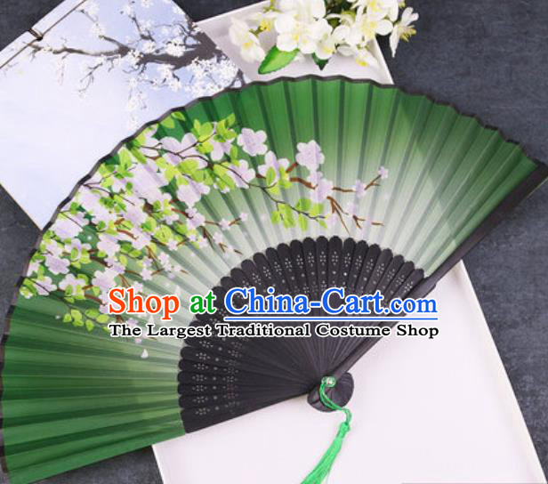 Chinese Traditional Classical Dance Printing Peach Blossom Green Silk Folding Fans Handmade Accordion Bamboo Fan