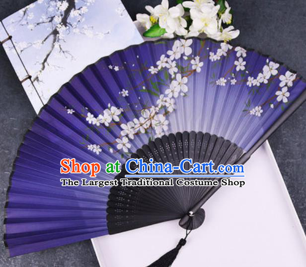 Chinese Traditional Classical Dance Printing Plum Purple Silk Folding Fans Handmade Accordion Bamboo Fan