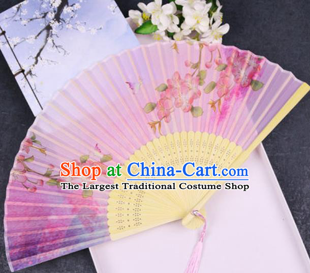 Chinese Traditional Classical Dance Printing Peach Blossom Pink Silk Folding Fans Handmade Accordion Bamboo Fan