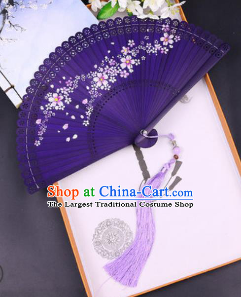 Chinese Traditional Painting Sakura Purple Bamboo Folding Fans Handmade Accordion Classical Dance Fan