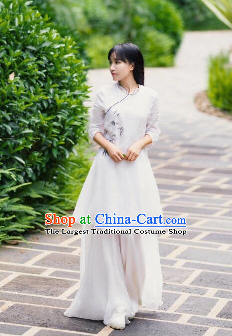 Traditional Chinese Tang Suit White Flax Qipao Dress Blogger Li Ziqi Costume for Women