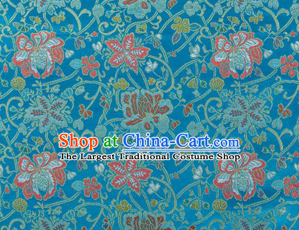 Chinese Classical Twine Lotus Pattern Design Lake Blue Brocade Fabric Asian Traditional Hanfu Satin Material