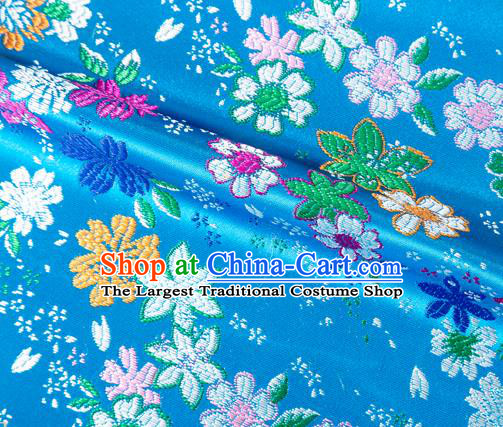 Japanese Traditional Sakura Pattern Design Blue Brocade Fabric Asian Kimono Tapestry Satin