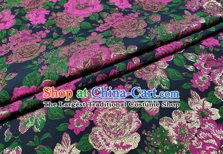 Chinese Classical Roses Pattern Design Navy Brocade Fabric Asian Traditional Hanfu Satin Material